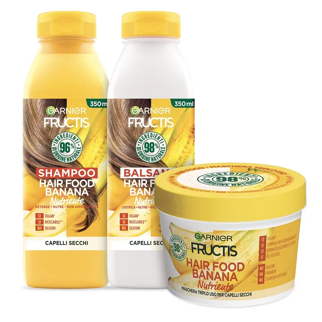 garnier-fructis-hair-food-banana-nutriente-kit-shampoo-balsamo-maschera-3-in-1 image 1